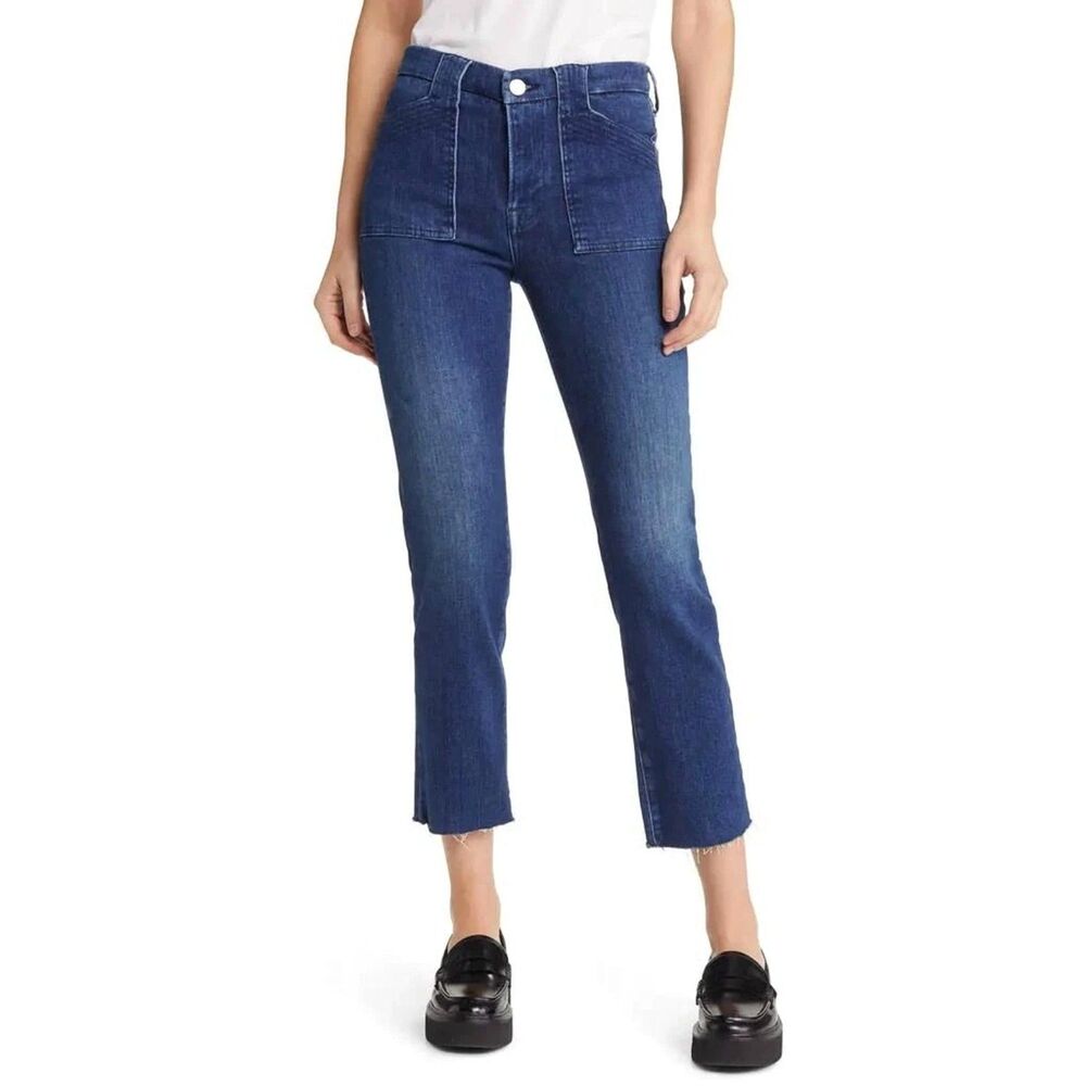 FRAME "Le High Straight" Trapunto in Aurora Wash Cargo Pocket Crop Jeans, Sz 29